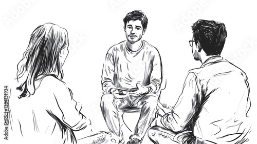A black and white line drawing illustration depicts three individuals seated in a circle, engaged in conversation.  The style is minimalist, with simple lines and shading used to create the