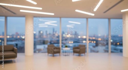 A clean white palette and geometric lighting are visible in a blurred modern office  with a cityscape view through large windows and empty desks