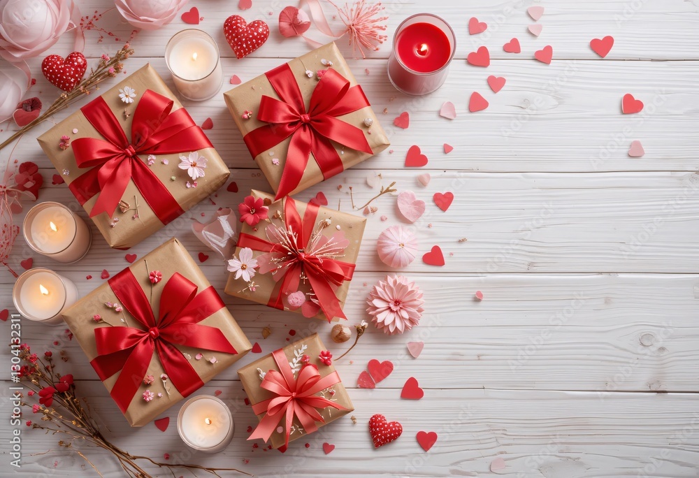 Wrapped Gifts With Red Bows And Flower Accents On White Wood. Soft Candlelight. Romantic Paper Flowers. Heart Decorations. Gifts For Loved Ones And Beautiful Moments...