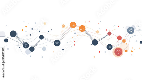 The image is an abstract illustration depicting a network of interconnected nodes.  The nodes are represented by circles of varying sizes and colors (dark gray/blue, orange/red) against a