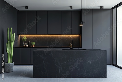 Modern dark kitchen interior with cacti, sleek design, and city views photo