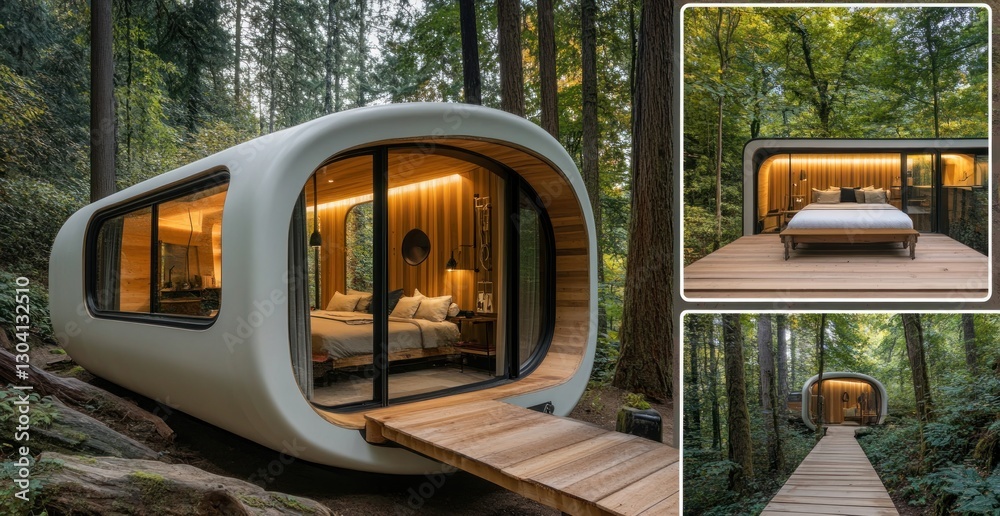 Fototapeta premium Modern Capsule Cabin in a Lush Forest Setting