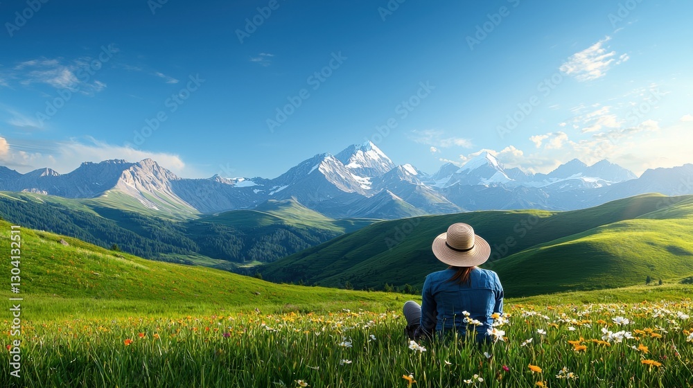 Serene landscape with a person enjoying mountain views. Serene landscape with a person enjoying mountain views.