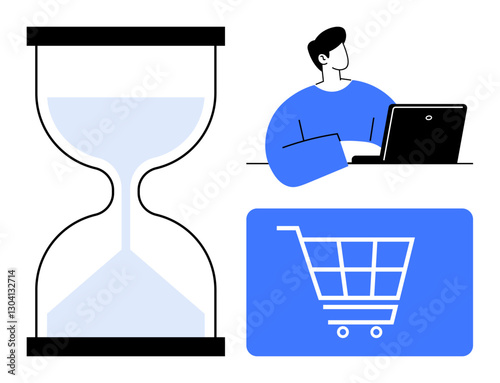 Hourglass symbolizing time, person using laptop, and shopping cart graphic represent online shopping, time tracking, deadlines. Ideal for ecommerce, productivity, digital transactions, shopping