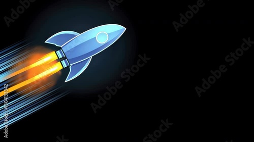 Futuristic Blue Rocket Ship with Fiery Exhaust Zooms Through Space Against Black Background, Showcasing Speed, Innovation, and Cutting Edge Technology