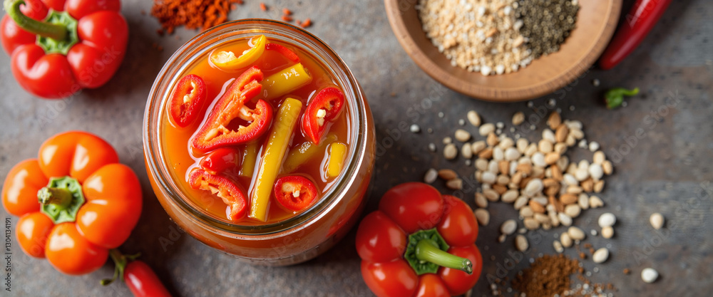 Close-up of jar filled with red bell peppers in brine, homemade goodness Close-up of jar filled with red bell peppers in brine, homemade goodness