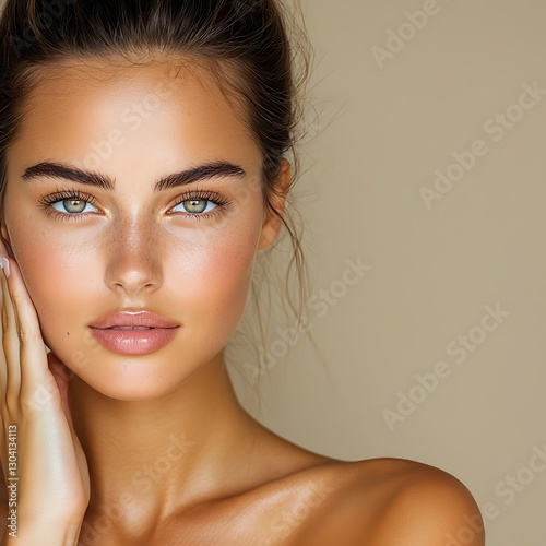 Elegant young woman with flawless, radiant skin gently touching her face, highlighting a fresh and glowing complexion on a soft beige background. Close-up beauty portrait in a high-end photography 