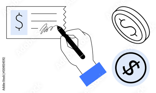 Hand signing a check, currency symbols, and a coin depict payment, finance, wealth. Ideal for banking, transactions, accounting, wealth management payment methods business flat simple metaphor