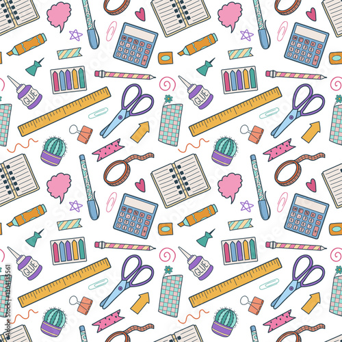 Seamless pattern with hand drawn doodle school supplies. Cute kids back to school on white background. Vector illustration