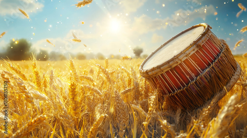 Baisakhi celebration background with golden wheat fields, Punjabi dhol, and bright sunshine photo