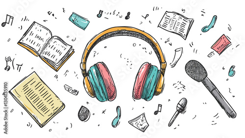 A hand-drawn illustration depicting a pair of over-ear headphones at the center.  Surrounding the headphones are various sketch-style elements including open books, musical notes, a