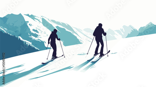A vector illustration depicting two skiers cross-country skiing across a snowy landscape. The skiers are rendered as dark silhouettes against a backdrop of stylized, light-blue mountains.