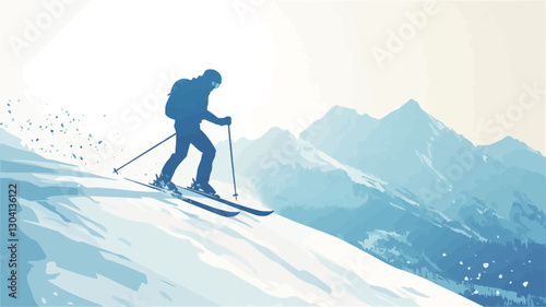 The image is a stylized illustration or vector graphic depicting a skier descending a snowy mountain slope.  The skier is rendered as a dark blue silhouette against a lighter blue and white