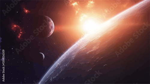 A digital rendering depicting a terrestrial planet partially visible from a space perspective.  A large sun or star is prominent, emitting intense light and a significant solar flare.