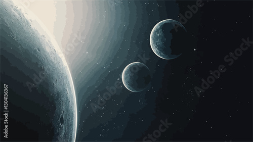A digital illustration or rendering depicting three planets of varying sizes in the vast expanse of space.  One planet is partially obscured by a bright light source, possibly a star. The