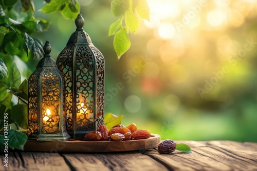 Ramadan lanterns with dates on wooden table, garden background photo
