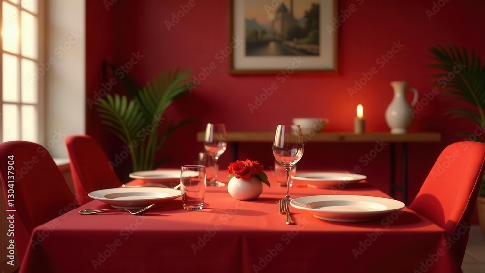Romantic Dinner Setting Red Tablecloth, Elegant Place Settings, and a Single Rose Romantic Dinner Setting Red Tablecloth, Elegant Place Settings, and a Single Rose
