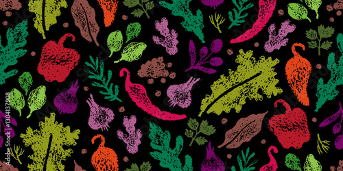 Spice pattern. Food background. Chalk pepper garlic chili basil rosemary jalapeno arugula spinach lettuce vector. Chalkboard with color crayon seamless pattern. Kitchen spicy background. Hot spice bg