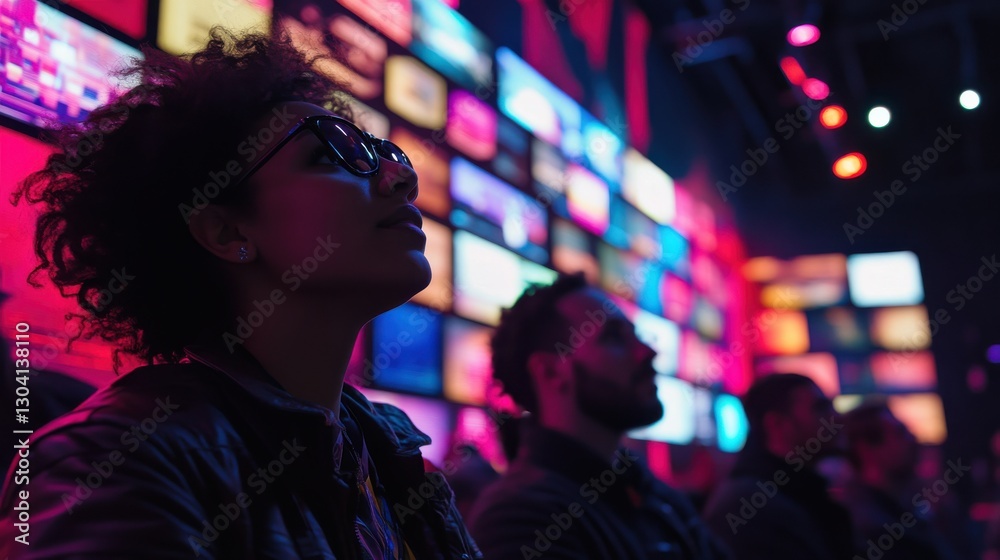 Person in Glasses Watching Colorful Screen Wall at Event Venue Person in Glasses Watching Colorful Screen Wall at Event Venue