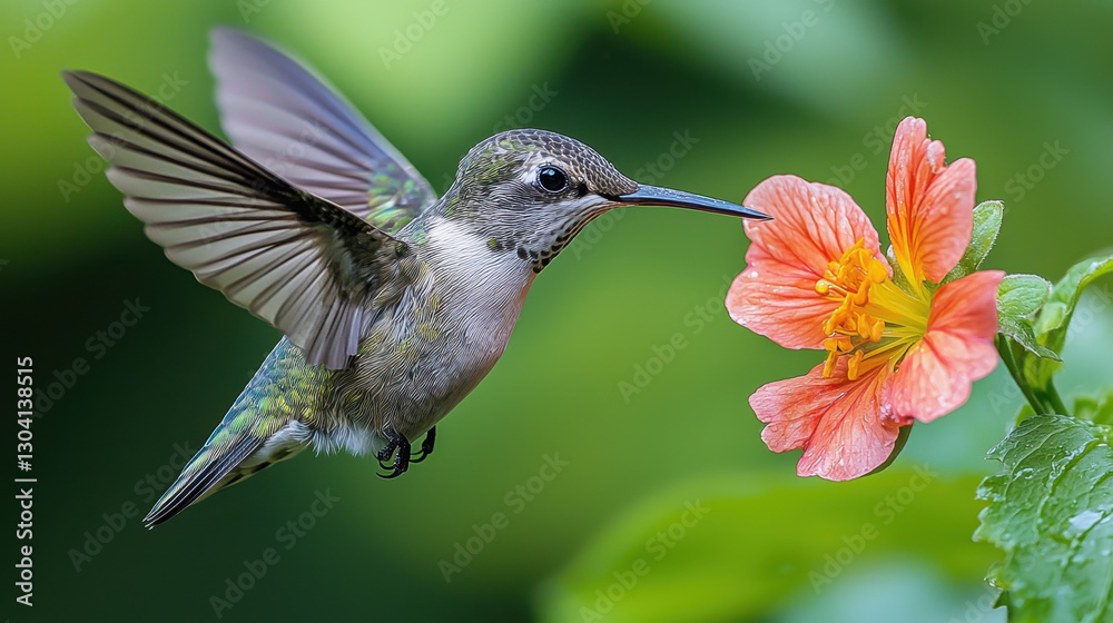 Naklejka premium close up of hummingbird hovering near vibrant orange flower, showcasing its delicate wings and iridescent feathers against lush green background