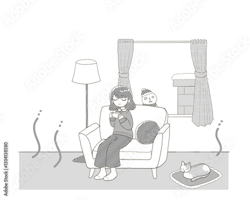暖かい部屋で猫とくつろぐ女性