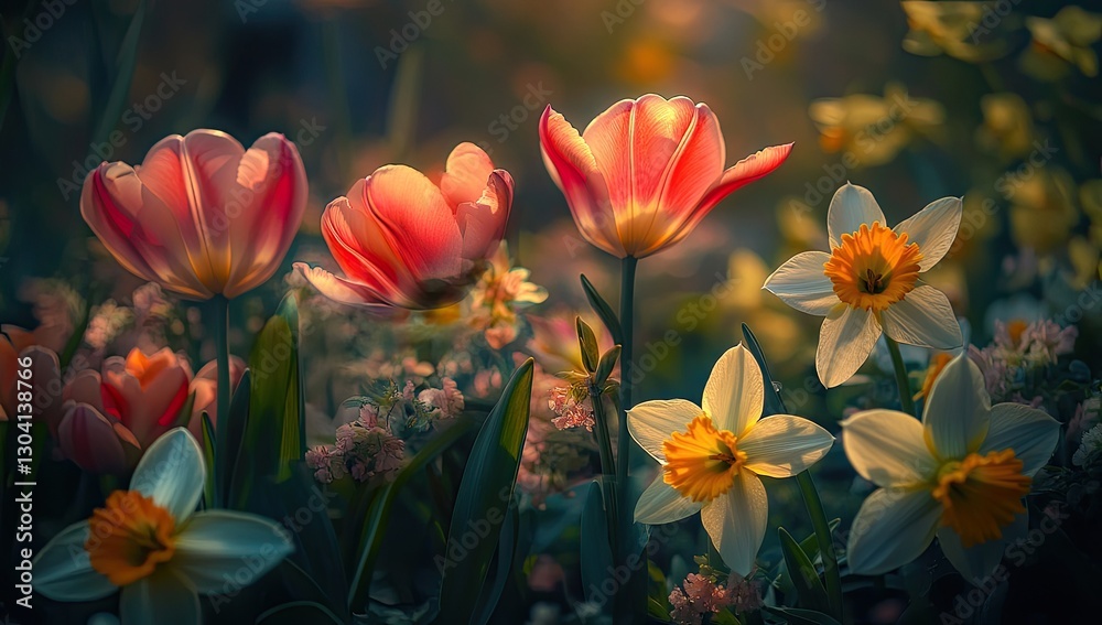 Naklejka premium Spring flowers bathed in golden light, vibrant tulips and daffodils in a garden
