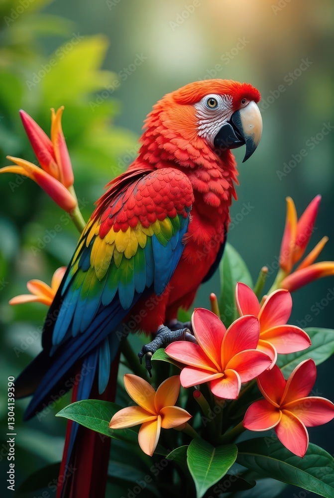 Fototapeta premium Vibrant Scarlet Macaw Perched Gracefully Amidst a Lush Arrangement of Exotic Blossoms, Displaying a Symphony of Vivid Colors in a Breathtaking Natural Setting