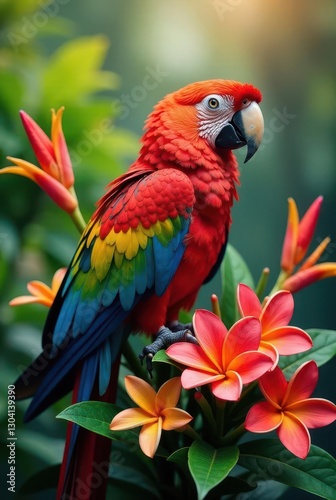 Vibrant Scarlet Macaw Perched Gracefully Amidst a Lush Arrangement of Exotic Blossoms, Displaying a Symphony of Vivid Colors in a Breathtaking Natural Setting
