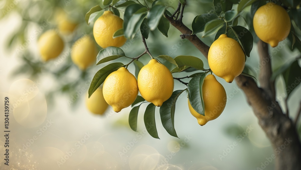 Lemon tree branches showcasing ripe lemons in a serene garden during a warm afternoon Lemon tree branches showcasing ripe lemons in a serene garden during a warm afternoon