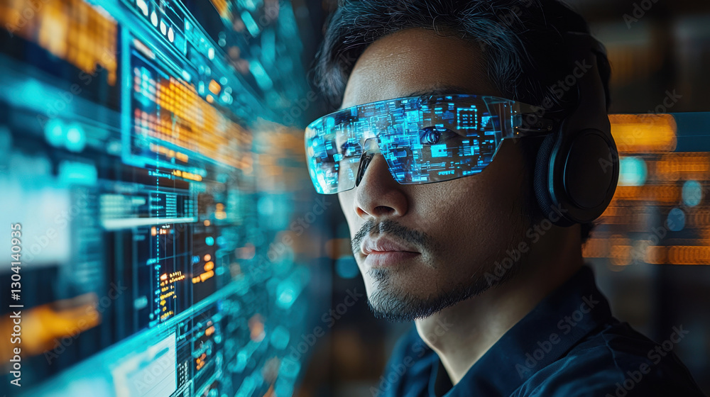 man wearing futuristic augmented reality glasses and headphones interacts with digital interface, surrounded by glowing holographic data displays man wearing futuristic augmented reality glasses and headphones interacts with digital interface, surrounded by glowing holographic data displays