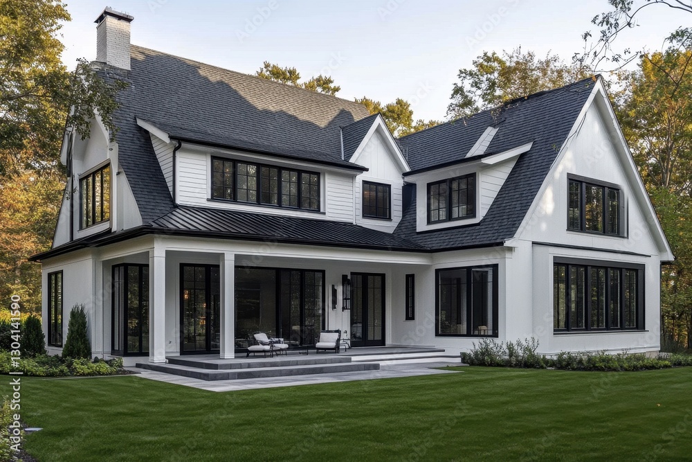 Obraz premium A white farmhouse with black windows and a dark roof