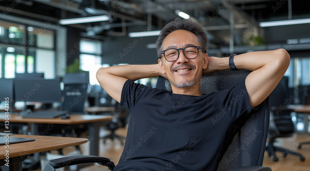 Fototapeta premium A Japanese man in his late thirties, wearing glasses and a black t-shirt, is relaxing in an office chair at a desk with his arms behind his head. He is smiling while looking toward