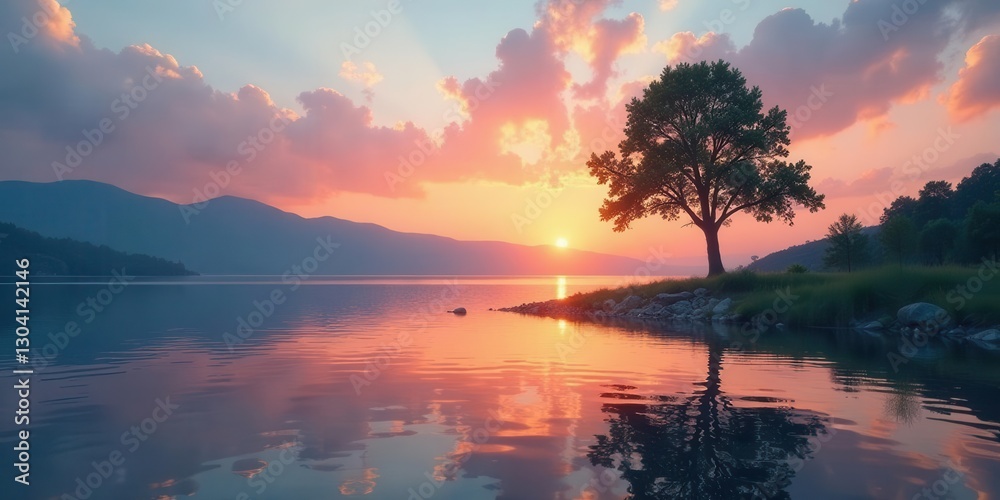 Obraz premium Serene Sunset Landscape Solitary Tree Silhouetted Against a Vibrant Sky Reflected in Calm Waters