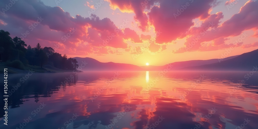 Fototapeta premium Serene Sunset over Still Waters Reflecting Vibrant Hues of Pink and Orange Sky