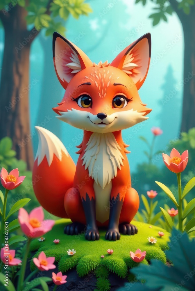 Obraz premium Adorable Fox Kit in a Lush Spring Meadow, Surrounded by Vibrant Blossoms and Verdant Greenery