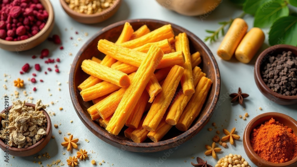 Aromatic Spiced Sticks Arranged with Assorted Seasonings and Spices in Small Bowls Aromatic Spiced Sticks Arranged with Assorted Seasonings and Spices in Small Bowls