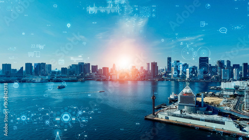 都市、空撮、風景、テクノロジー、設計、建設、データ、経済、金融、グラフ、DX、GUI、ICT、マーケティング、マーケット、市場、ネットワーク、未来、ビル群、画面、バーチャル、VR、分析、フィンテック、不動産、マンション、ビル、都会、社会、現代、建築、高層ビル、摩天楼、日本、東京、都心、俯瞰、ドローン、ハイアングル、展望、パノラマ、地平線、景色、景観、青空、スピード、予測、観測、計測、デザイン