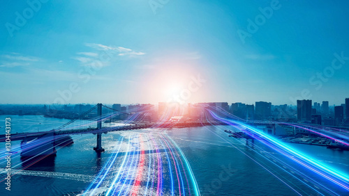 都市、空撮、風景、景色、未来、将来、展望、架け橋、梯、橋、前進、進化、進歩、光、道、希望、社会、テクノロジー、発展、開発、成長、俯瞰、ドローン、ハイアングル、パノラマ、地平線、日本、東京、コピースペース、夜明け、日の出、スピード、通信、イノベーション、高速、経済、IoT、DX、技術、ビル群、建設、インフラ、産業、流れる、物流、ロジスティクス、文明、現代、ネットワーク、cg