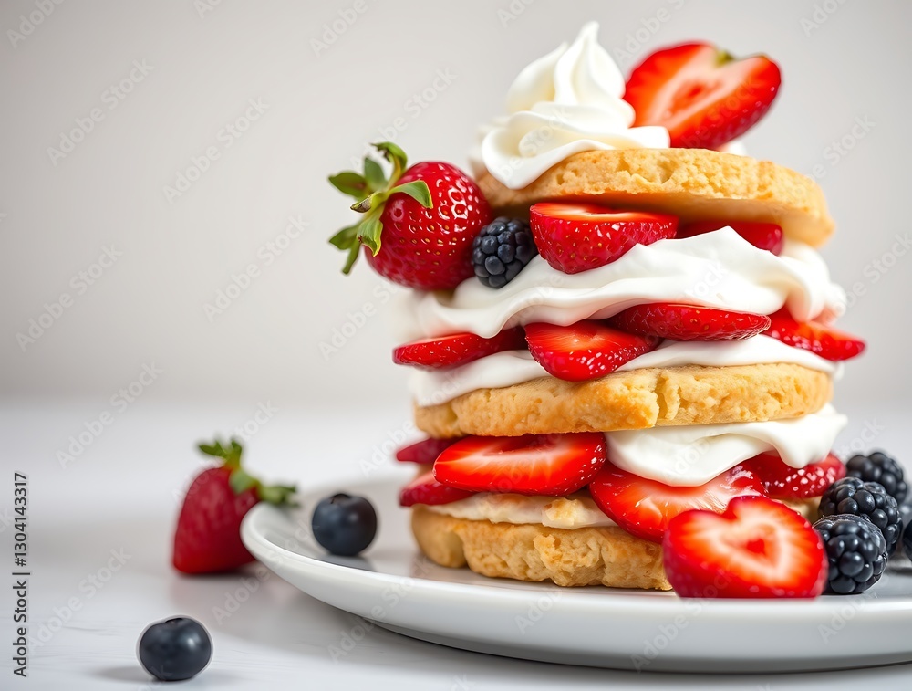 Layered Strawberry Shortcake Adorned with Whipped Cream and Fresh Berries, Beautifully Styled for a Fresh and Indulgent Dessert Experience - dessert stock-image Layered Strawberry Shortcake Adorned with Whipped Cream and Fresh Berries, Beautifully Styled for a Fresh and Indulgent Dessert Experience - dessert stock-image