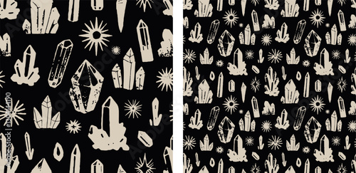Crystal Gem Boho Astronomy Black and White Illustration Vector Pattern