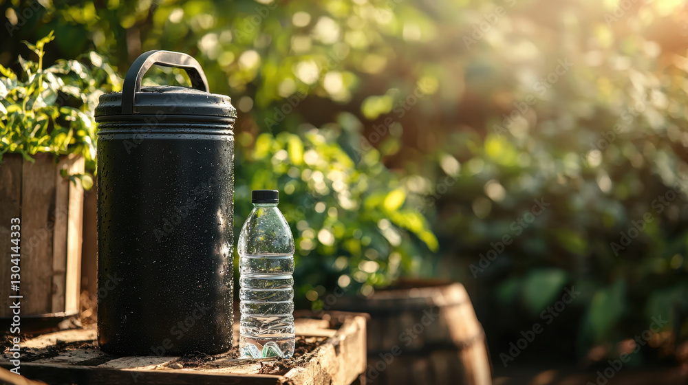 black insulated water bottle and clear plastic bottle sit on wooden surface in lush garden setting, with sunlight filtering through leaves black insulated water bottle and clear plastic bottle sit on wooden surface in lush garden setting, with sunlight filtering through leaves