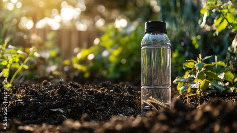 clear plastic bottle with black cap is placed on rich, dark soil in garden, surrounded by lush green plants and bathed in warm sunlight. scene conveys sense of sustainability and nature clear plastic bottle with black cap is placed on rich, dark soil in garden, surrounded by lush green plants and bathed in warm sunlight. scene conveys sense of sustainability and nature