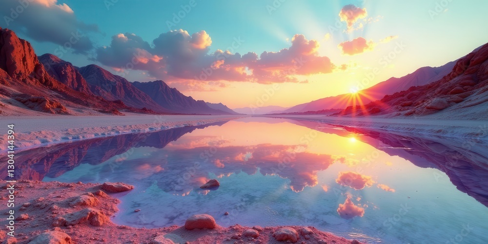 Fototapeta premium Serene Sunset Reflection in a Pink Desert Lake, Mountains Silhouetted Against a Vivid Sky