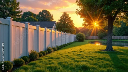 Serene Sunset Illuminates a White Vinyl Fence Enclosing a Lush Green Lawn and Tranquil Pond