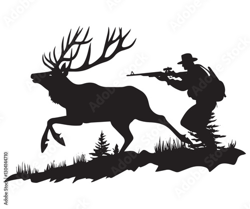 Hunter Silhouette Vector – Kneeling with Rifle in Grass on White Background