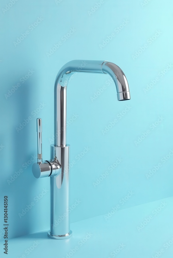 Sleek chrome faucet against a serene light-blue backdrop, showcasing modern bathroom design elements and minimalist aesthetics for contemporary home improvements Sleek chrome faucet against a serene light-blue backdrop, showcasing modern bathroom design elements and minimalist aesthetics for contemporary home improvements