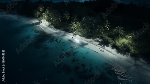 drone view of palm trees on tropical beach at night. Generative ai
