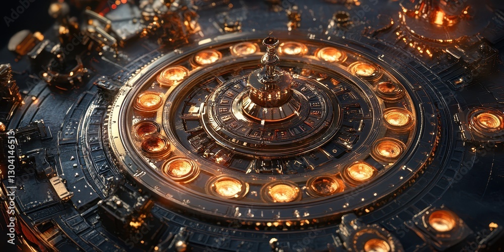 Intricate golden and metallic circular mechanism with many components displayed Intricate golden and metallic circular mechanism with many components displayed