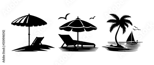 Relaxing day at the beach with umbrellas, lounge chairs, and palm trees under a clear sky