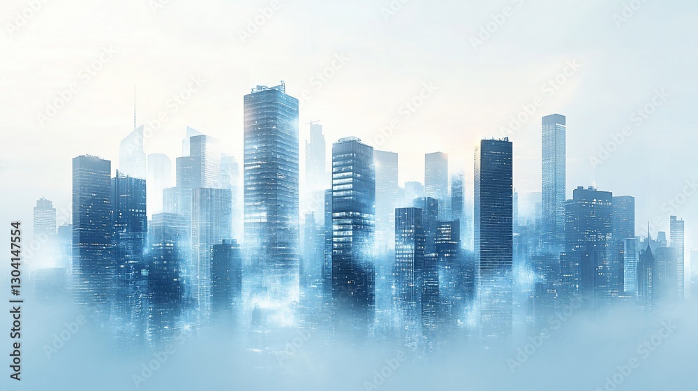 Misty cityscape featuring multiple high-rise buildings with a soft blue hue creating a tranquil urban scene Misty cityscape featuring multiple high-rise buildings with a soft blue hue creating a tranquil urban scene